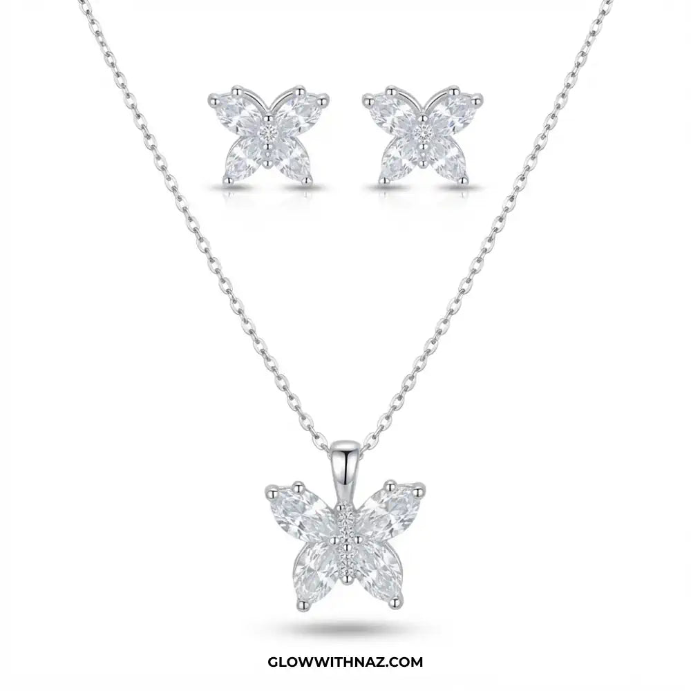 Zircon Silver Butterfly Complete Earring & Pendant Set