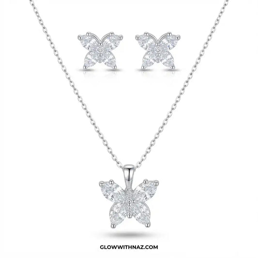Zircon Silver Butterfly Complete Earring & Pendant Set