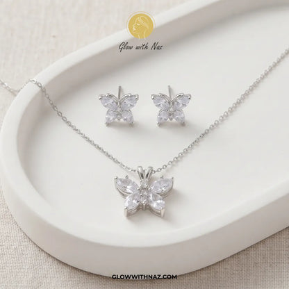 Zircon Silver Butterfly Complete Earring & Pendant Set