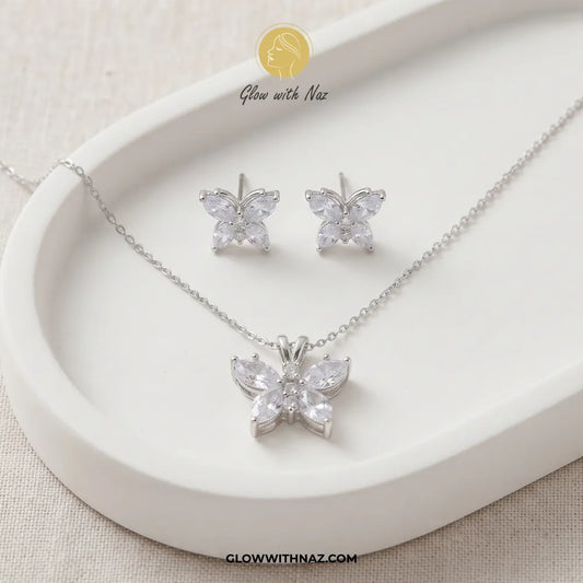 Zircon Silver Butterfly Complete Earring & Pendant Set