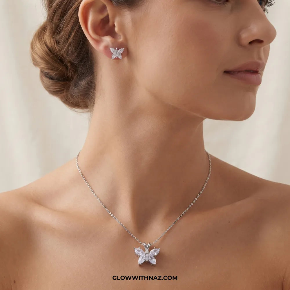 Zircon Silver Butterfly Complete Earring & Pendant Set