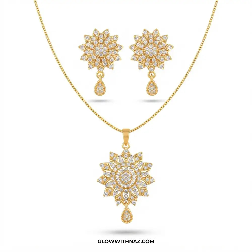Zircon Burst Golden Drop Earring & Pendant Set