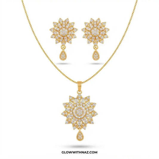 Zircon Burst Golden Drop Earring & Pendant Set