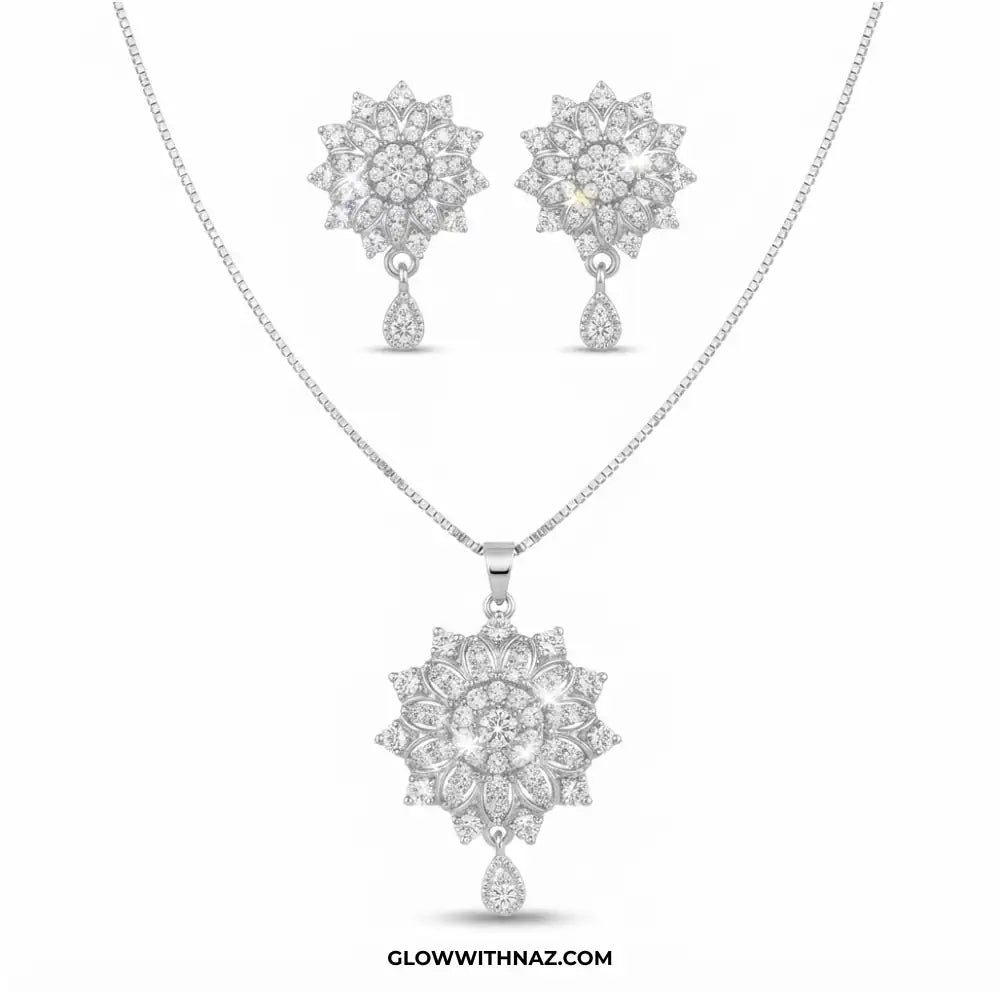 Zircon Burst Silver Drop Earring and Pendant Set