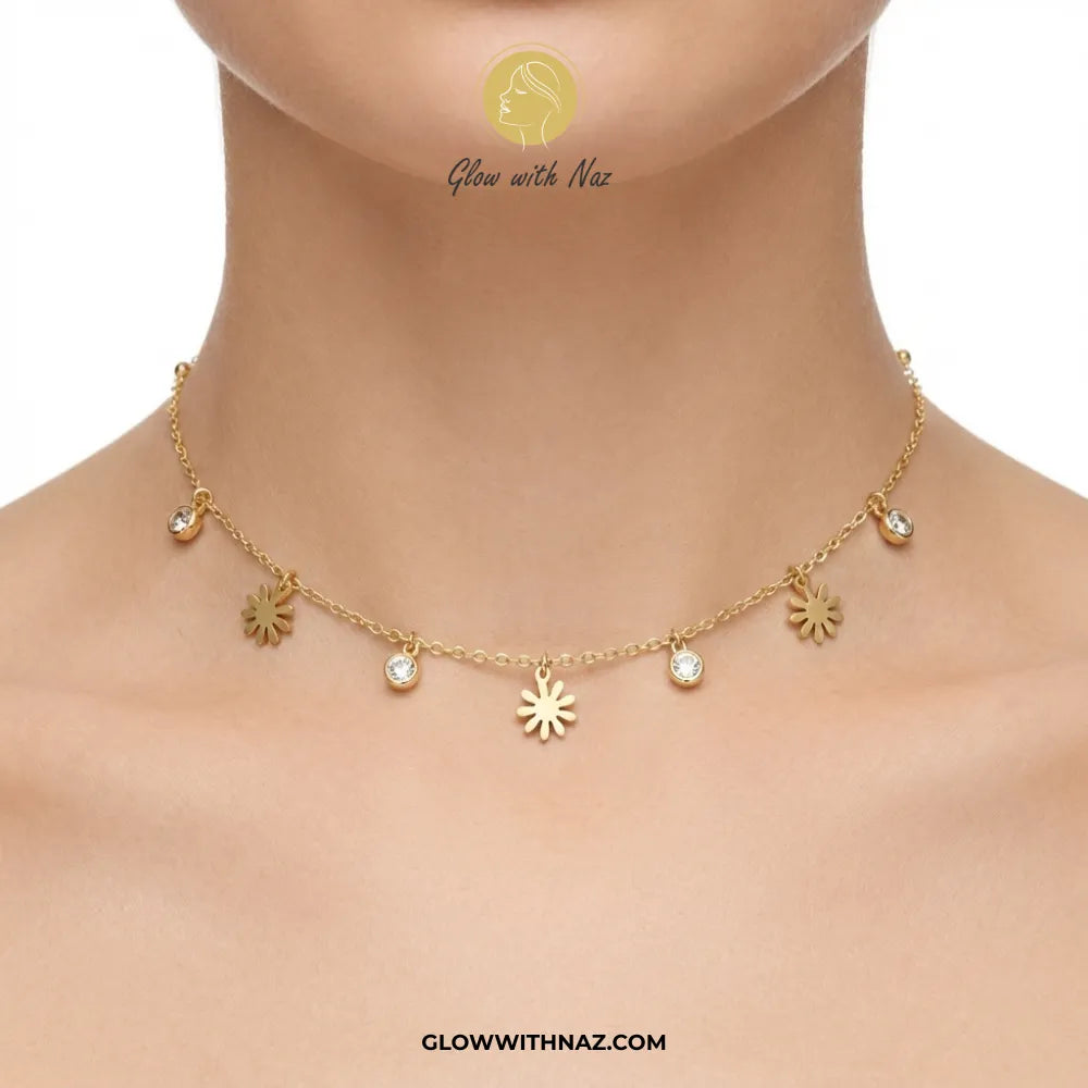 Tarnish-Free Stainless Steel Flower & Diamond Pendant Necklace