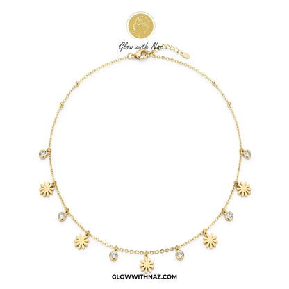Tarnish-Free Stainless Steel Flower & Diamond Pendant Necklace
