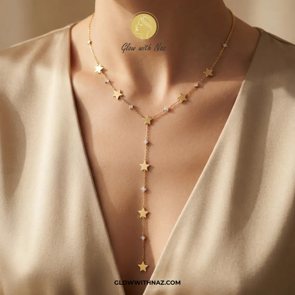 A gold Y-necklace with star-shaped charms and small clear stones, worn on a model's neck. The model is wearing a beige satin V-neck top.