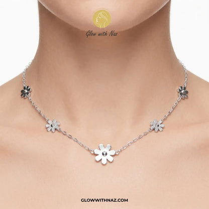 Trending Stainless Steel Flower & Crystal Silver Pendant Necklace