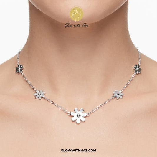 Trending Stainless Steel Flower & Crystal Silver Pendant Necklace
