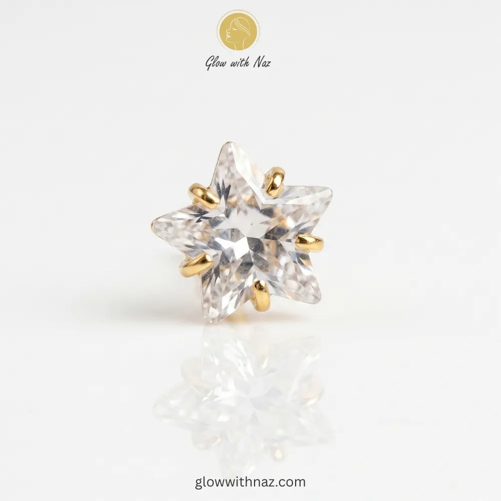 old star-cut zircon stainless steel nose pin in six-prong setting, anti-tarnish diamond style nose stud available online in Pakistan by Glow with Naz