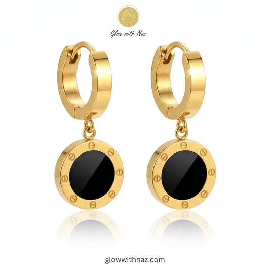 Pair of sophisticated gold-tone hoop earrings with black and gold Roman-inspired drop pendants