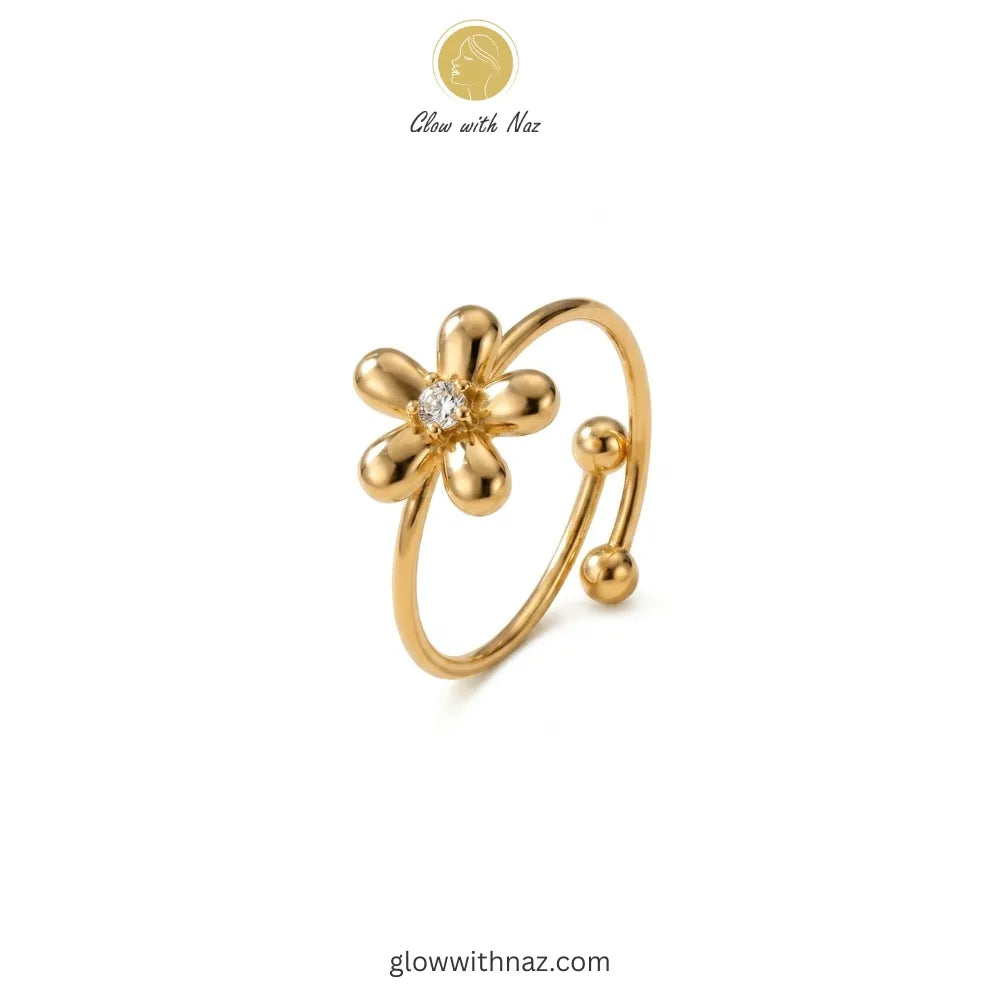 Premium Gold Flower Adjustable Ring, ring, girls rings, rings for girls, rings simple, simple rings, stainless steel jewelry, jewellery set, aesthetic jewelry, simple jewellery, chain, jewelry, artificial jewellery, green jewellery, girls jewellery, rings for women, black ring, flower jewellery, chain for girls, jewellery for girls, jewellery