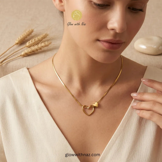 Premium Quality Double Heart Gold Necklace – Anti-Tarnish Pure Stainless Steel Snake Chain | Glow with Naz