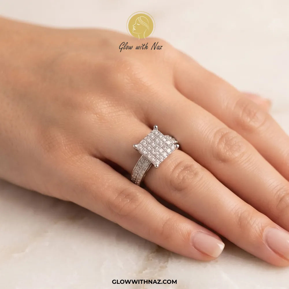 Sterling silver zircon sharp square cluster ring with micro-pave bar band by Glow With Naz
