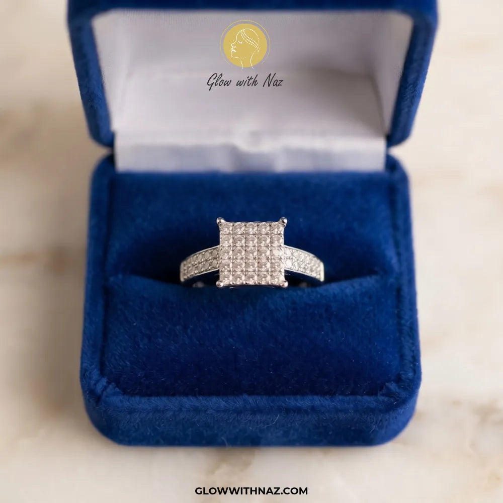 Sterling silver zircon sharp square cluster ring with micro-pave bar band by Glow With Naz