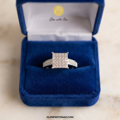 Sterling silver zircon sharp square cluster ring with micro-pave bar band by Glow With Naz