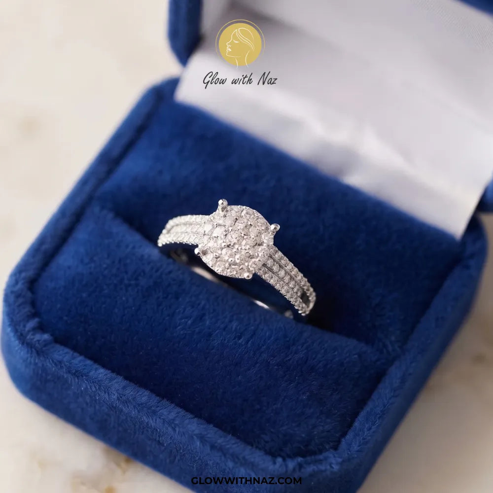 Sterling silver zircon round cushion cluster bar ring with triple row pavé band by Glow With Naz