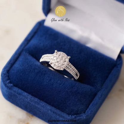 Sterling silver zircon round cushion cluster bar ring with triple row pavé band by Glow With Naz