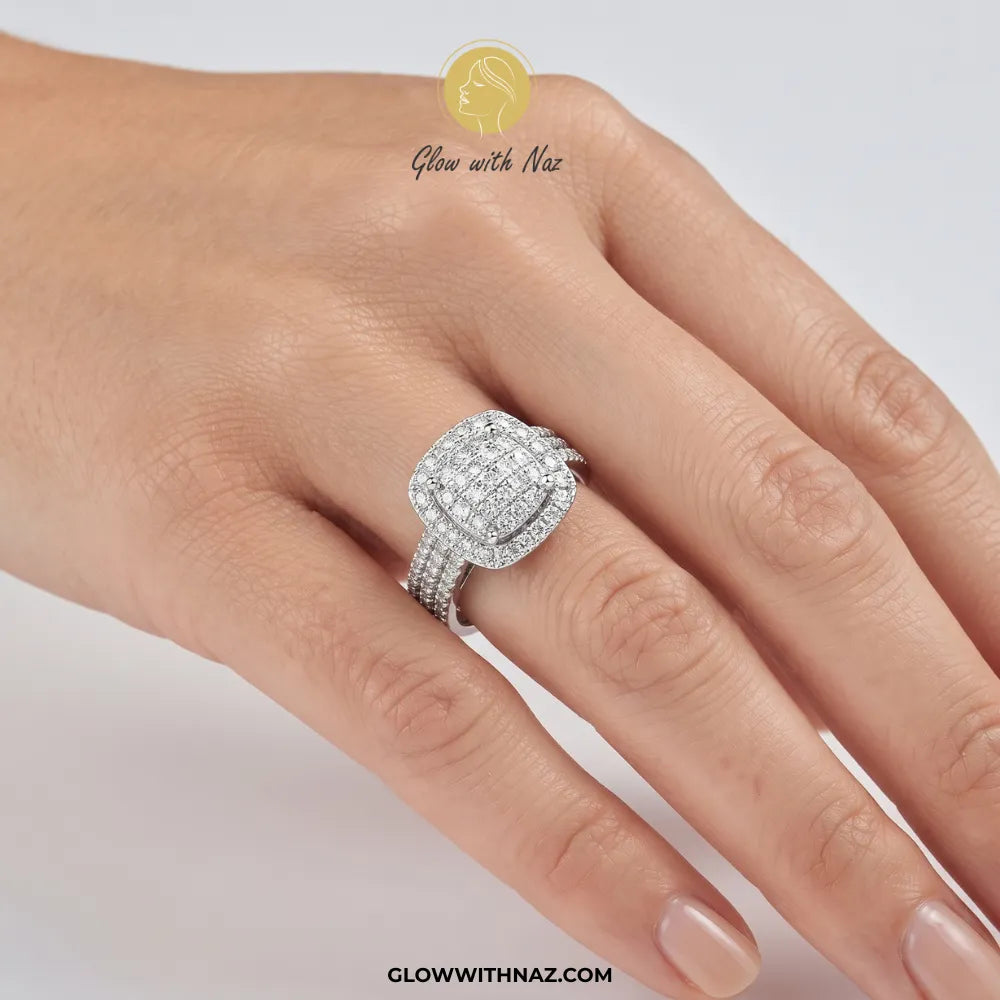 Sterling silver cushion halo zircon cluster ring with triple row pavé band by Glow With Naz