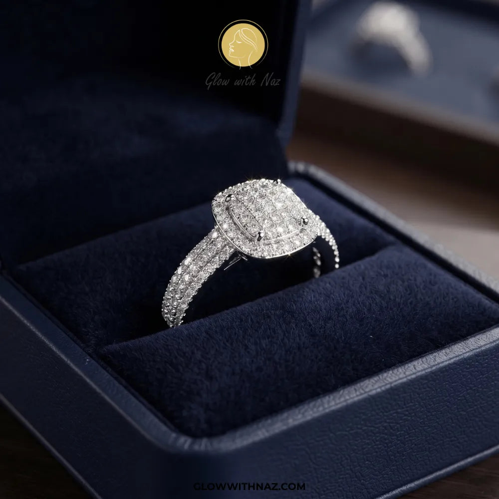 Sterling silver cushion halo zircon cluster ring with triple row pavé band by Glow With Naz