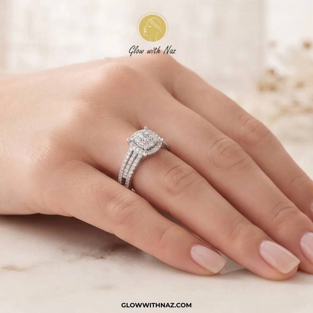 Sterling silver cushion halo zircon cluster ring with triple row pavé band by Glow With Naz