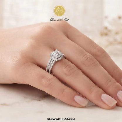 Sterling silver cushion halo zircon cluster ring with triple row pavé band by Glow With Naz