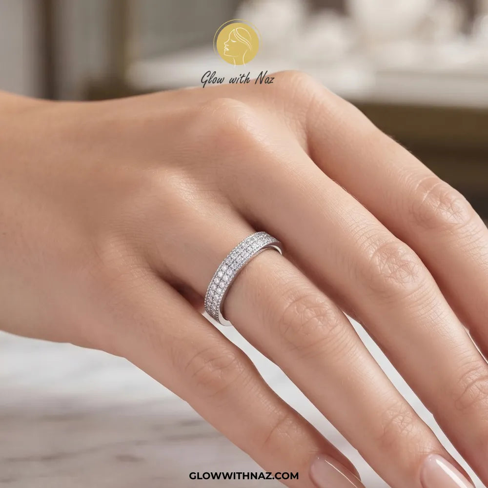 Silver zircon 2 line diamond challa ring with double row pave stones and adjustable band by Glow With Naz