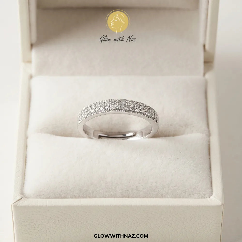 Silver zircon 2 line diamond challa ring with double row pave stones and adjustable band by Glow With Naz