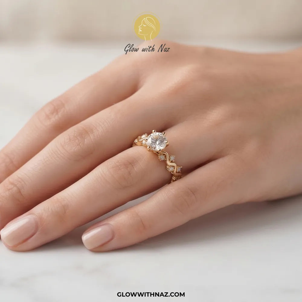 Gold plated round zircon solitaire ring with braided wave band by Glow With Naz