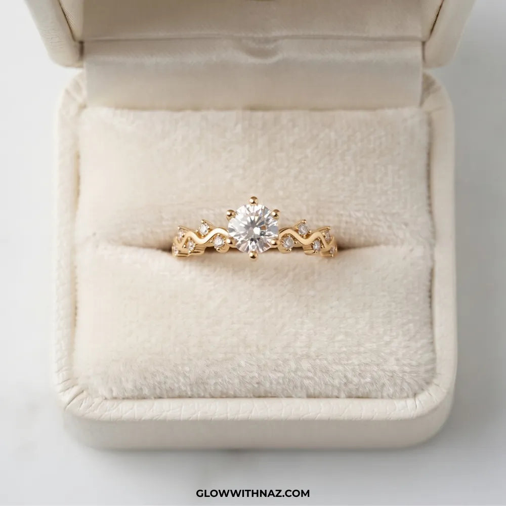Gold plated round zircon solitaire ring with braided wave band by Glow With Naz