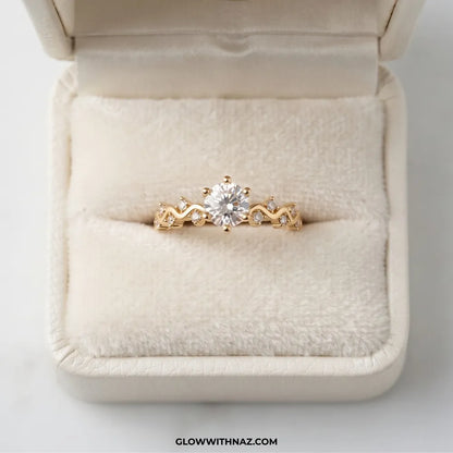 Gold plated round zircon solitaire ring with braided wave band by Glow With Naz
