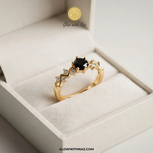 Gold plated black zircon solitaire ring with adjustable wavy diamond band by Glow With Naz