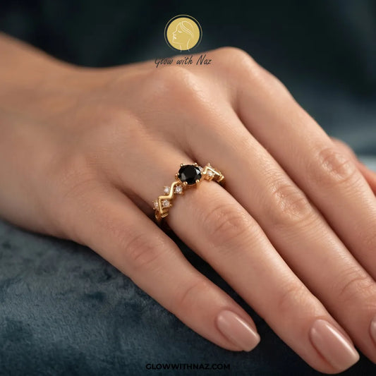 Gold plated black zircon solitaire ring with adjustable wavy diamond band by Glow With Naz