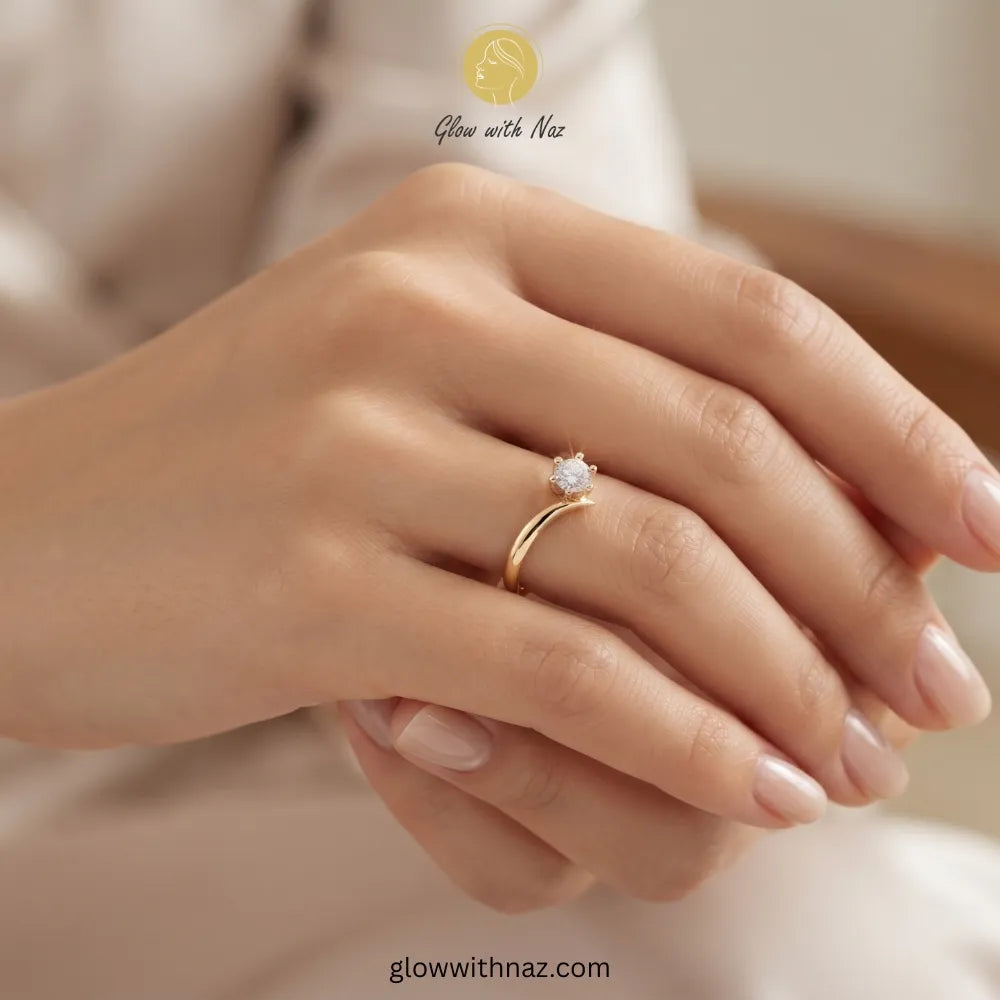 A close-up lifestyle shot of a person's hands wearing a delicate gold ring with a single clear gemstone. The background is a soft, warm beige tone, and there is a 'Glow with Naz' watermark logo at the top.