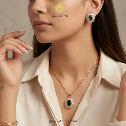 Royal Oval Emerald Zircon Pendant with Gold Box Chain