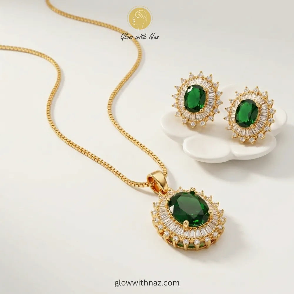 Royal emerald pendant necklace and earring set by Glow with Naz