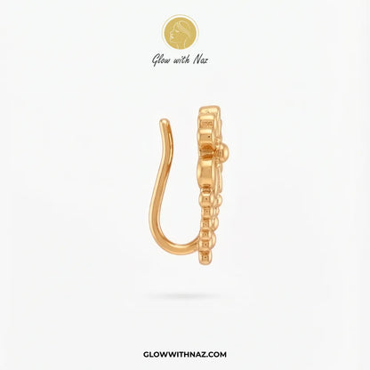 Side profile of gold non-pierced chutki nose pin showing U-shaped clip-on hook mechanism by Glow With Naz