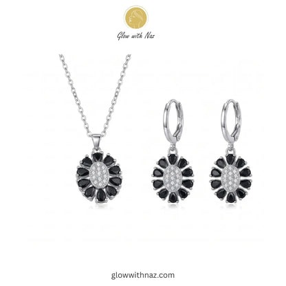 Silver & Black Stone Necklace & Stud Earrings Set
