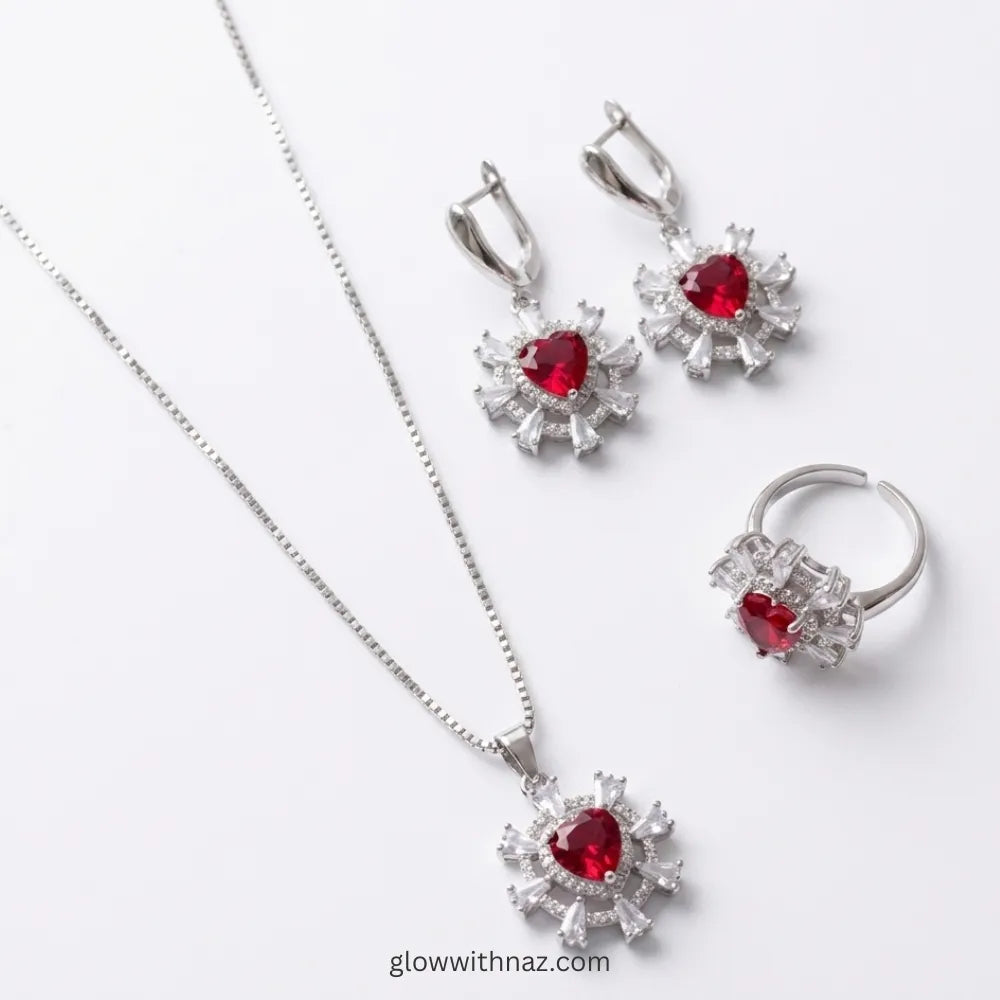 Silver Ruby Red Heart Jewelry Set