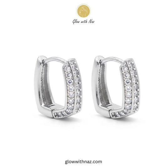Silver Zircon Double Row Square Huggie Hoop Earrings