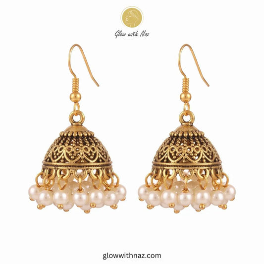 Small Antique Gold White Pearl Mini Jhumka Earrings – Glow With Naz