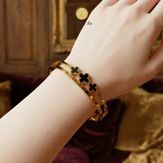 Stainless Steel 3 Black Clover Gold Plated Hand Cuff Bracelet