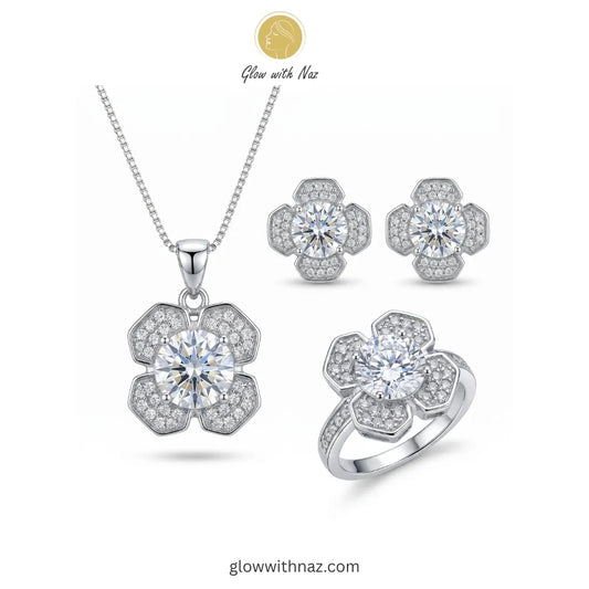 Stainless Steel Floral Zircon Jewelry Set