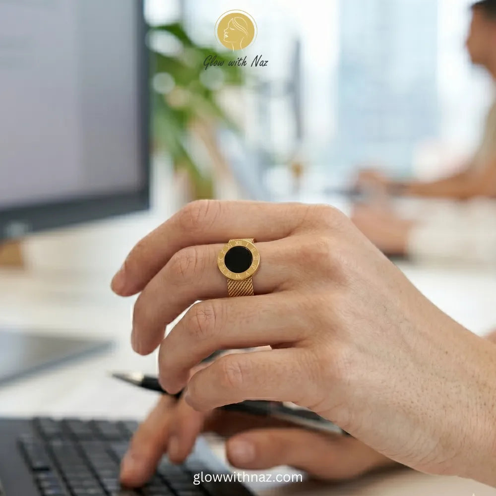 Durable stainless steel Roman numeral ring in gold finish with a sophisticated black enamel mesh design.