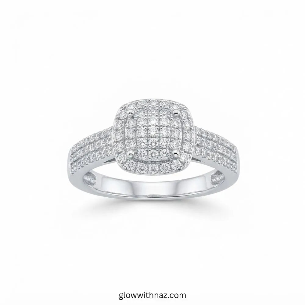 Sterling silver cushion halo zircon cluster ring with triple row pavé band by Glow With Naz