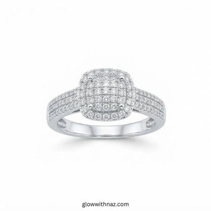 Sterling silver cushion halo zircon cluster ring with triple row pavé band by Glow With Naz