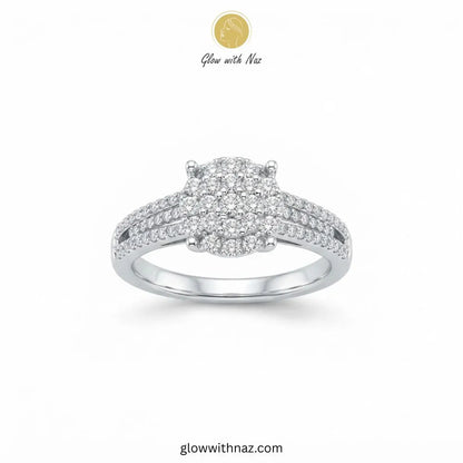 Sterling silver zircon round cushion cluster bar ring with triple row pavé band by Glow With Naz