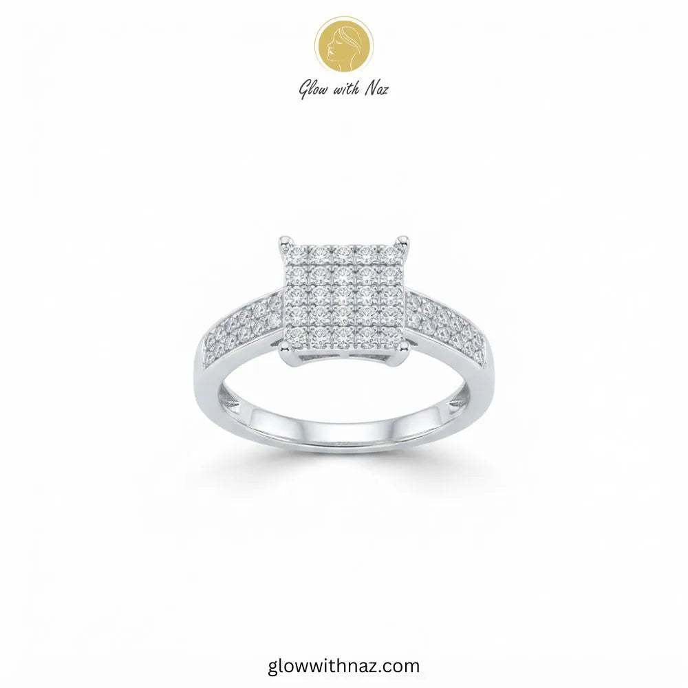 Sterling silver zircon sharp square cluster ring with micro-pave bar band by Glow With Naz