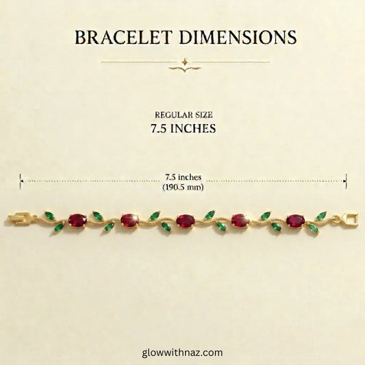 Bracelet dimensions showing 7.5 inches with a gold bracelet featuring red and green stones on a beige background. Tulip Rapunzel bracelet, floral tulip bracelet, Rapunzel inspired jewelry, aesthetic tulip bracelet, trendy charm bracelet, stainless steel tulip bracelet, gold plated flower bracelet, delicate floral wrist accessory, cute aesthetic jewelry, viral tulip bracelet, Rapunzel theme accessories, dainty floral bracelet, crystal tulip charm, stacking bracelets for women, minimalist floral jewelry, spri