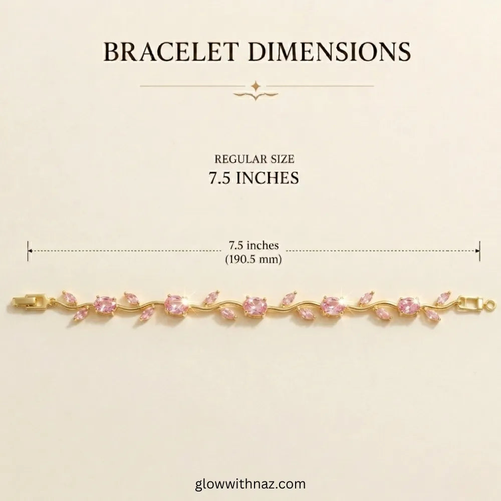 Bracelet dimensions chart showing a gold bracelet with pink gemstones on a light beige background, labeled as 7.5 inches (190. Tulip Rapunzel bracelet, floral tulip bracelet, Rapunzel inspired jewelry, aesthetic tulip bracelet, trendy charm bracelet, stainless steel tulip bracelet, gold plated flower bracelet, delicate floral wrist accessory, cute aesthetic jewelry, viral tulip bracelet, Rapunzel theme accessories, dainty floral bracelet, crystal tulip charm, stacking bracelets for women, minimalist floral 